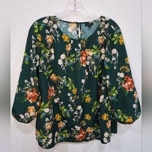 Talbots Large P Forest Green Floral Blouse Garden Woodland Print Balloon Sleeve